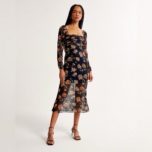 Abercrombie & Fitch Black Mesh Square-Neck Midi Dress with Rust Blooms